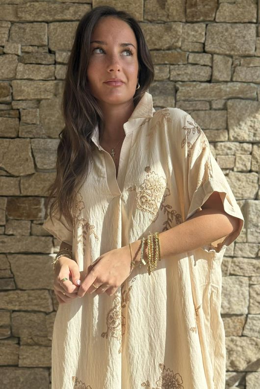 Yara Paisley Embroidered Shirt Dress Stone